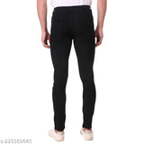Men's black stretchable slim fit denim jeans, high-quality color guaranteed soft fabric for a sleek look. Sizes: 28 (28in/41in), 30 (30in/41in), 32 (32in/41in), 34 (34in/41in), 36 (36in/41in). Disclaimer: Product color may vary due to lighting sources and display settings. Made in India