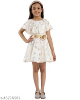 White Kids Cave cotton cutout dress, fit and flare belted with flower fabric-cotton print gold butterfly, sizes 3 years to 12 years (Indian kids fashion brand)