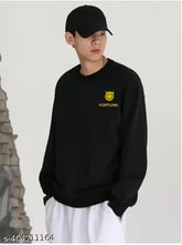 Men's printed cotton blend white black yellow round neck t-shirt with long sleeves and typography pattern