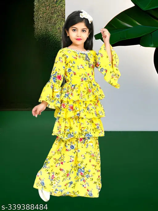 kids girls chiffon sharara set, casual kurta with printed A-line top and sharara bottom, comfortable summer party wear for 1-7 years old, Indian origin