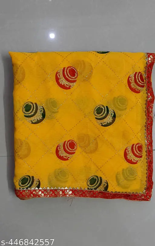 Yellow Georgette Matka design Peacock Stripe Saree for Diwali and Chhath Pooja, traditional Indian fashion wear