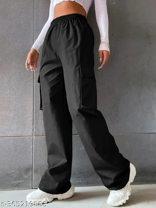 Solid cotton women's trousers, high waist flap pocket cargo design, Indian origin