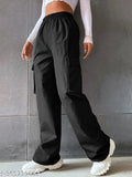Solid cotton women's trousers, high waist flap pocket cargo design, Indian origin