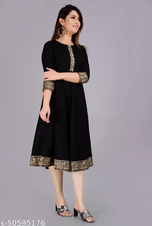 Stylish rayon flared kurta, solid-colored women's three-quarter sleeve outfit from India