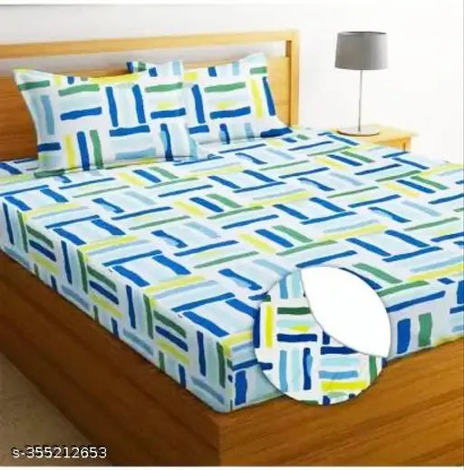 Elastic cotton geometric double queen bedsheet, perfect for summer with 2 pillow covers. Fits snugly with elastic corners
