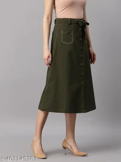 Olive green cotton midi A-line skirt, perfect for travel in summer. Plus size available, ideal for all seasons and designed for comfort and style
