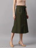 Olive green cotton midi A-line skirt, perfect for travel in summer. Plus size available, ideal for all seasons and designed for comfort and style