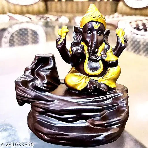 Resin Ganesha smoke fountain decor showpiece, 7x7x12cm, Indian-made, includes 101 backflow dhoop cones