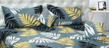 Glace cotton botanical-patterned queen size double bed sheet set with 2 quilted pillow covers & 5 cushions, perfect for summer use, made in India