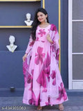 Light wine floral printed soft silk anarkali gown with long sleeves and dupatta, Indian hand-stitched silken bridal wear on mannequin