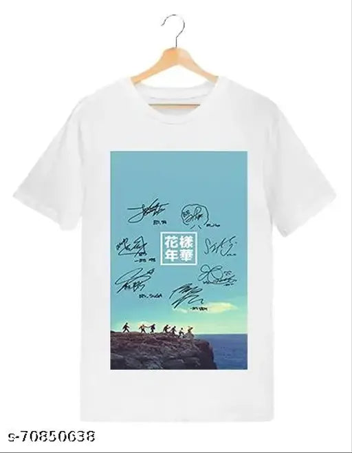 BTS K-pop fan art cotton half sleeves round neck t-shirt, printed with Korean boy band design, available in various sizes for boys, kids, men, and women