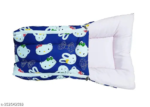 Blue cotton unisex baby pillow, 0-9 months 3-in-1 carry nest for infant (Kitty print)