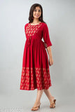 Red flared printed rayon kurta, three-quarter sleeves, Indian fashion
