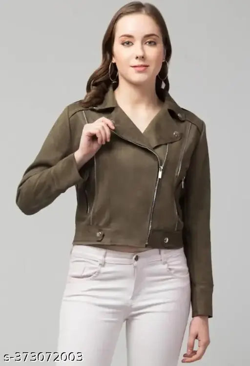 Solid leather women's streetwear jacket, warm suede winter full-sleeve in polyester, India-made