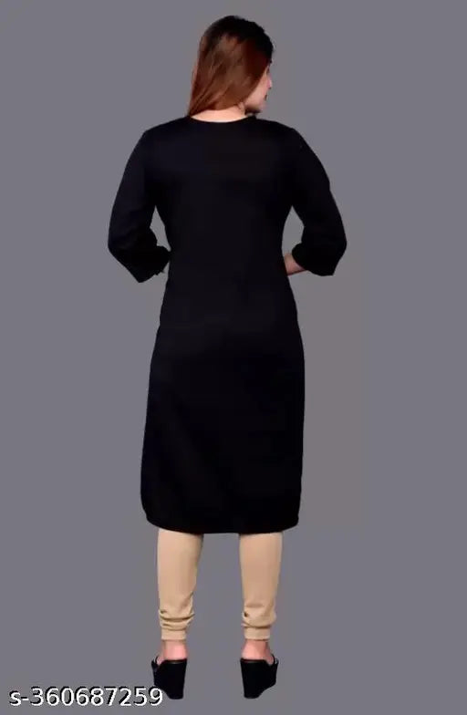Woolen black kurti, three-quarter sleeves, solid design - Indian woolen winter fashion accessory
