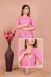 Pink cotton Anarkali maternity kurti, three-quarter sleeves, printed combo. Soft cotton fabric, side zip, India origin