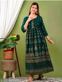 Green printed rayon anarkali kurti for women, three-quarter sleeves, Indian design