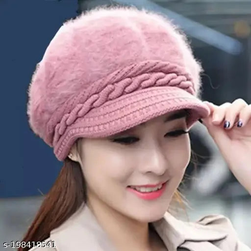 Fashionable wool beanie cap (2pcs), fur-lined with visor for girls, self-designed & warm, ideal for winter outdoor activities