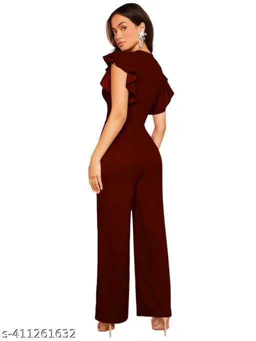 Classy fashion polyester v-neck wide-leg jumpsuit with ruffle detail and high waist