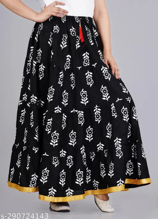 Women's white Kadi print butti skirt, rayon, printed net, Indian traditional fashion