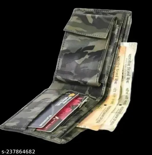Faux leather khaki mens wallet, 4 compartment design, stylish leather accessory on display