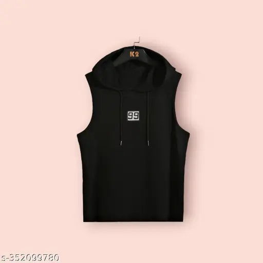 Black polyester active t-shirt with graphic print for men's sports/gym wear, sleeveless design in XL, L, M, XXL. Made in India