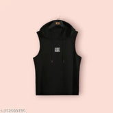 Black polyester active t-shirt with graphic print for men's sports/gym wear, sleeveless design in XL, L, M, XXL. Made in India