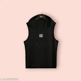 Black polyester active t-shirt with graphic print for men's sports/gym wear, sleeveless design in XL, L, M, XXL. Made in India