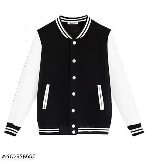 Trendy black fleece varsity jacket for men - solid pattern, long sleeves, S-XXXL sizes