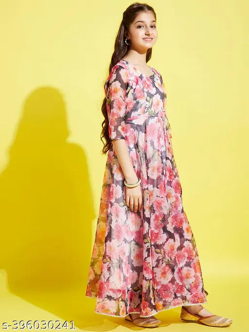 Cherry Jerry floral printed organza maxi dress for girls, three-quarter sleeve, polyester fabric in vibrant print design, size 8-9 years