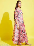 Cherry Jerry floral printed organza maxi dress for girls, three-quarter sleeve, polyester fabric in vibrant print design, size 8-9 years