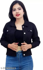 Denim Aakarsha ethnic jacket, solid pattern, three-quarter sleeves. Women's casual wear from Good Choice Fashion, Indian origin