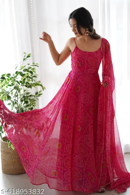 Georgette Anarkali gown with printed dupatta, sleeveless and 54-inch length, India-origin traditional Indian wear
