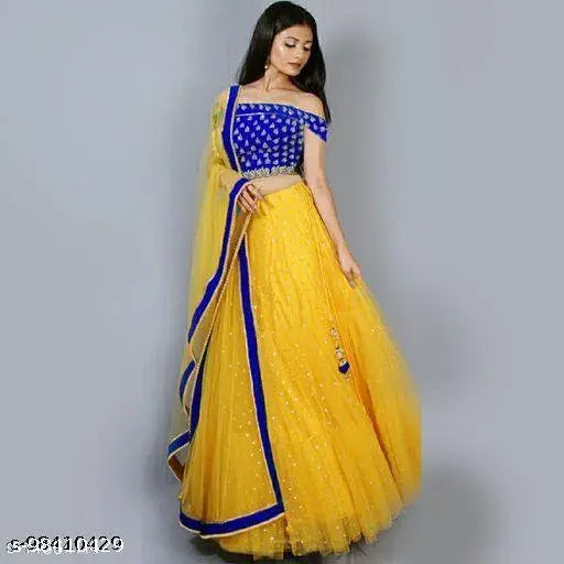 New blue color net semi-stitched lehenga choli with satin top and embroidered pattern, India