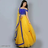 New blue color net semi-stitched lehenga choli with satin top and embroidered pattern, India