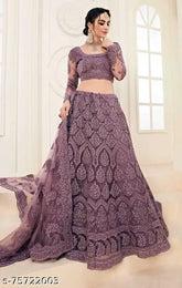 Wine-colored Chikankari women's lehenga-choli and net dupatta with embroidery detail, semi-stitched (42in waist, 44in length). Indian handcrafted traditional attire