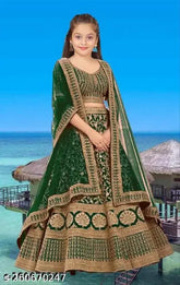Kids satin embroidered semi-stitched Lehenga Choli, available in various sizes from 3-16 years. Indian party wear for girls