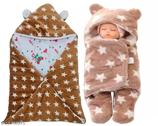 Fleece new born baby combo pack: polka net wearable blanket and star wrapper for boys & girls (2pcs)