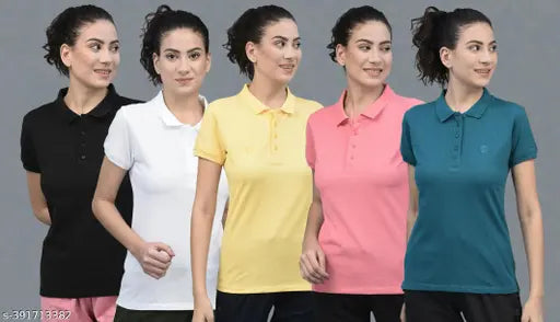 Dollar Women's Peach Solid Polo Neck T-Shirt Pack of 5 - Cotton blend, short sleeves, sizing from S to XL, India origin