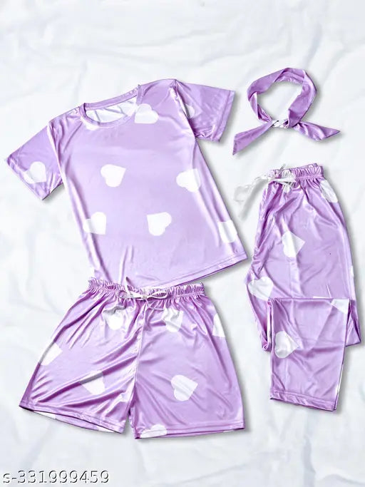 Soft silk heart print night suit set: T-shirt, pajamas, and shorts with drawstring elastic waistband, India