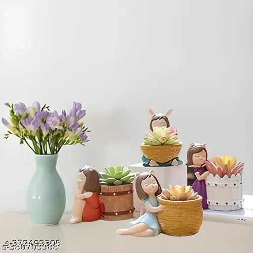 Multicolor handicraft basket girl resin flowerpots (4 pcs), yellow polyresin decorative showpiece, 12 cm x 6.35 cm x 10.16 cm, ideal for home & office decoration or gift item