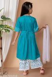 Embroidered rayon palazzo sets for girls, printed naira design in three-quarter sleeves. Sizes range from 1-2 years to 9-10 years. Indian origin