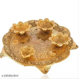 Golden handcrafted decorative puja thali with 3 bowls and 1 diya, Indian artifact