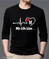 Men's black printed round neck full sleeve polyester T-shirt, My Life Line M - Black full sleeve t-shirt for men with life line design, made in India