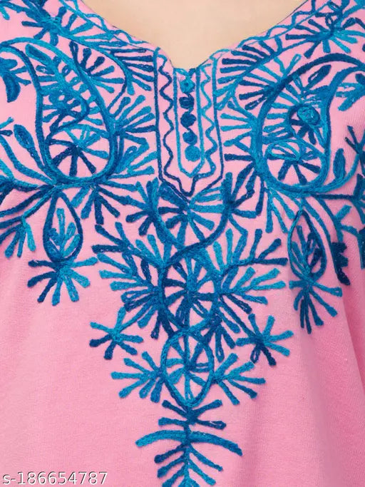 Woolen winter kurti for women, three-quarter sleeves Chikankari embroidery in multicolor. Indigenous Indian fashion wear