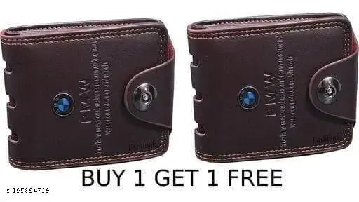 Brown premium leather/faux leather bi-fold men's wallet (2 compartments), lightweight and portable with ID window slots and credit card slots. India origin