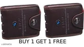 Brown premium leather/faux leather bi-fold men's wallet (2 compartments), lightweight and portable with ID window slots and credit card slots. India origin
