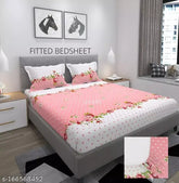 Soft pink cotton elastic fitted double bedsheet with two pillow covers, 360 elasticated, 72x78x8 inches, premium quality