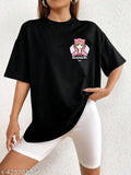 Oversize black cotton T-shirt for women with trendy print, short sleeves. Available in sizes S, M, L, XL, XXL. Made in India