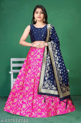 Soft silk and art silk traditional Lehenga Choli collection for girls, semi-stitched Banarasi Jacquard Silk with inner cancan & canvas, paired with heavy brocade fantom silk blouse and heavy Banarasi Jacquard Silk dupatta, perfect fit for ages 8 to free size, machine washable